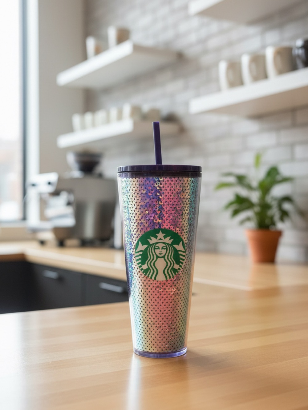Starbucks Iridescent Sequin Purple Tumbler with Straw